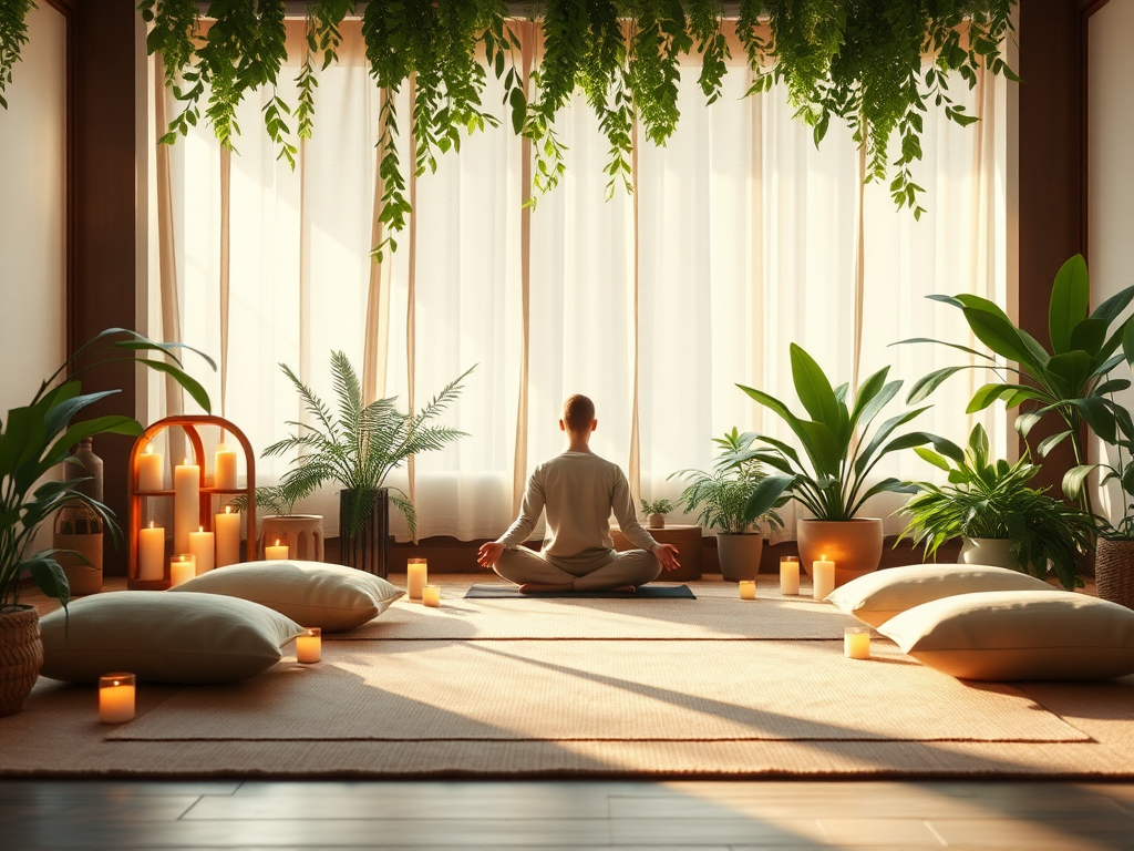 Een serene meditatieruimte met kaarsen en planten.
