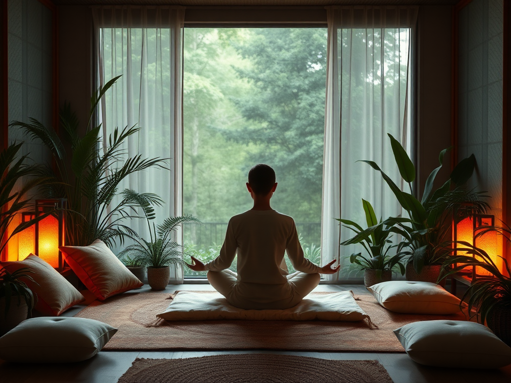 Een serene meditatieplek met planten en zachte verlichting.