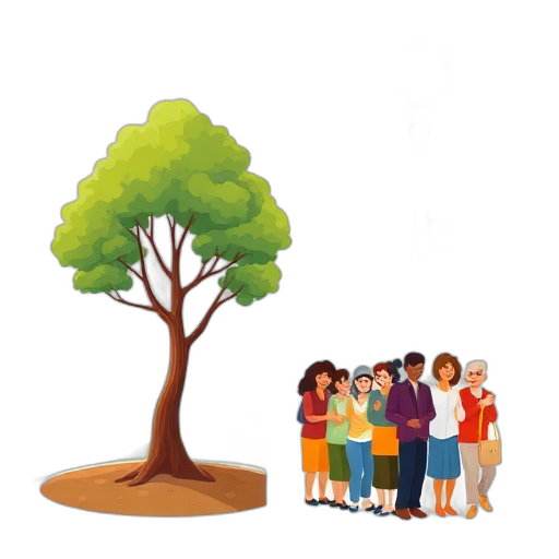 Een rustige boom naast een diverse groep mensen.