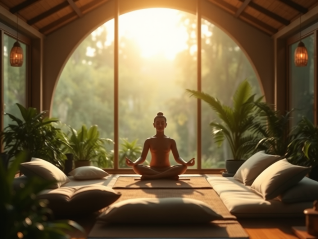 Een serene meditatieplek met planten en zachte verlichting.