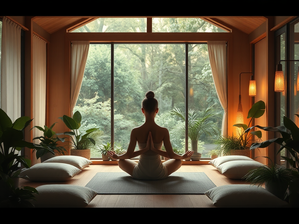 Een serene meditatieplek met planten en zachte verlichting.