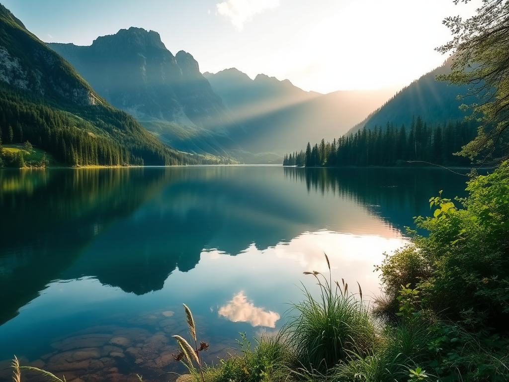 Een serene landschap met een reflecterend meer en bergen.