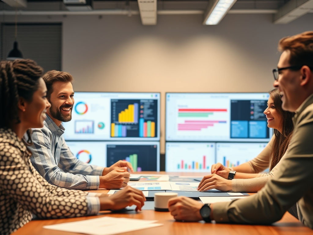 A diverse group of professionals smiling, sharing ideas around a table, colorful charts and timelines displayed on screens, warm office lighting.