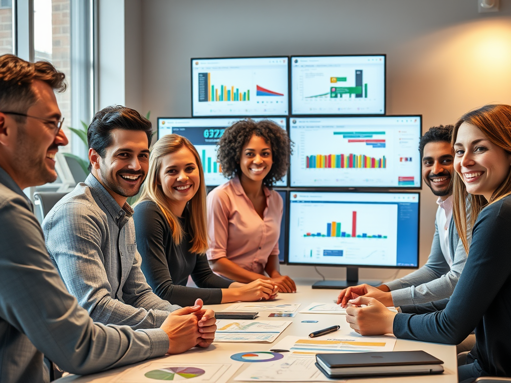 A diverse group of professionals smiling, sharing ideas around a table, colorful charts and timelines displayed on screens, warm office lighting.