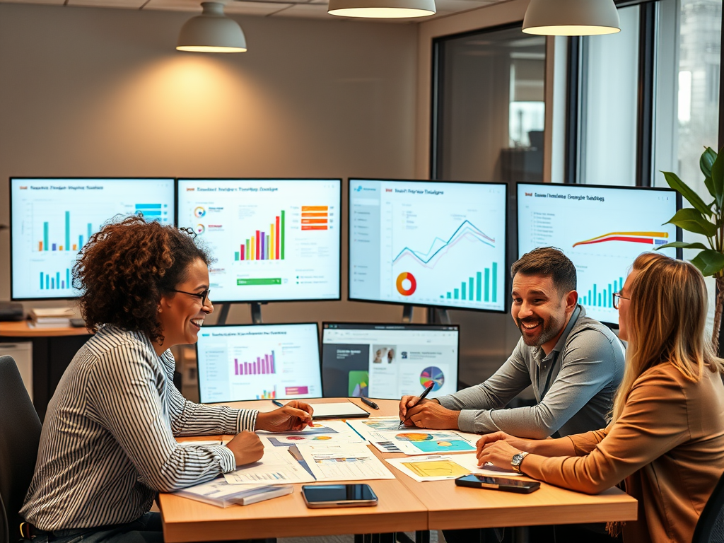 A diverse group of professionals smiling, sharing ideas around a table, colorful charts and timelines displayed on screens, warm office lighting.