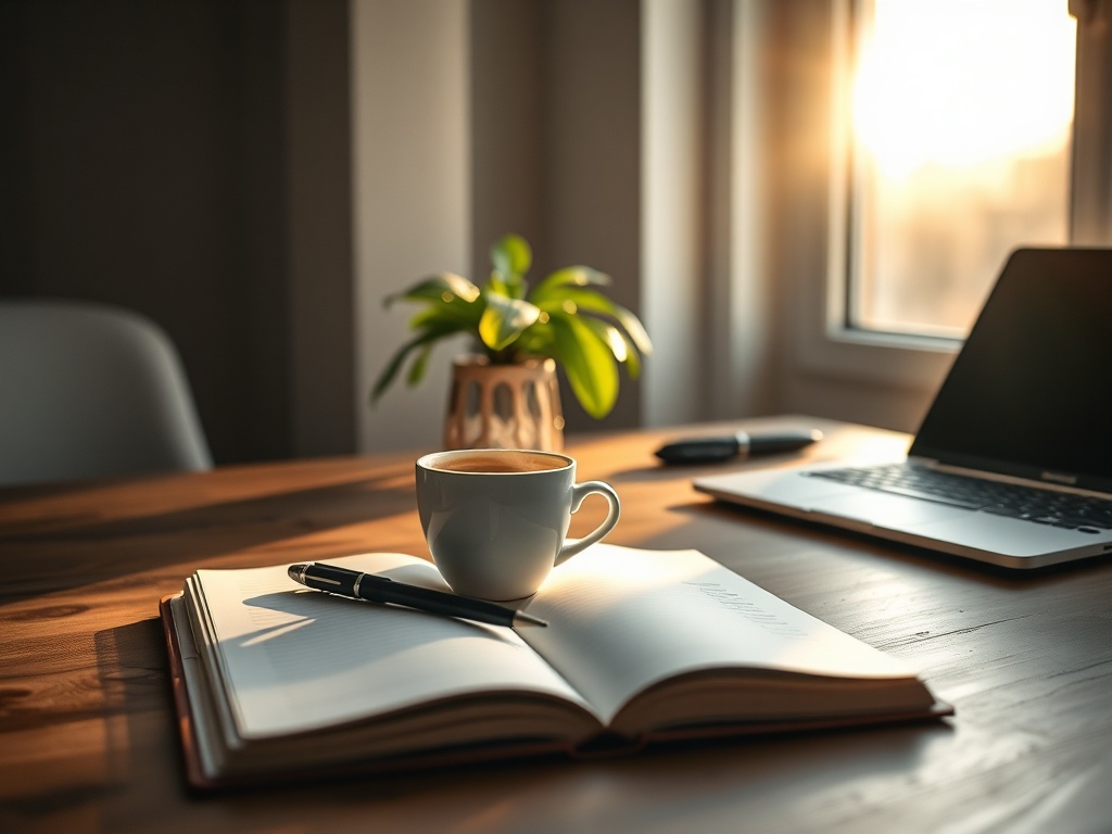 "A serene morning desk" "open notebook with pen" "cup of coffee steaming" "sunlight through window casting warm glow" "soft plant and laptop blurred background"