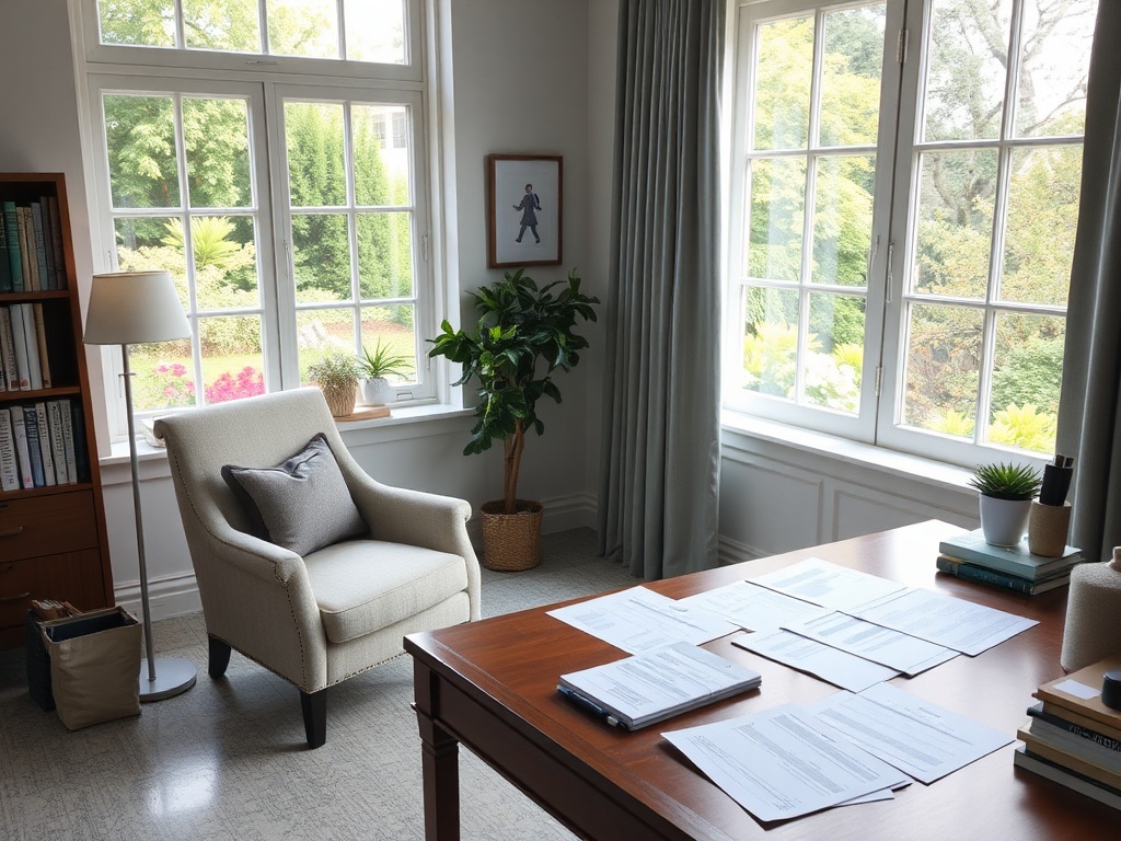 Een serene kantoorruimte met een gezellige fauteuil en een houten bureau.