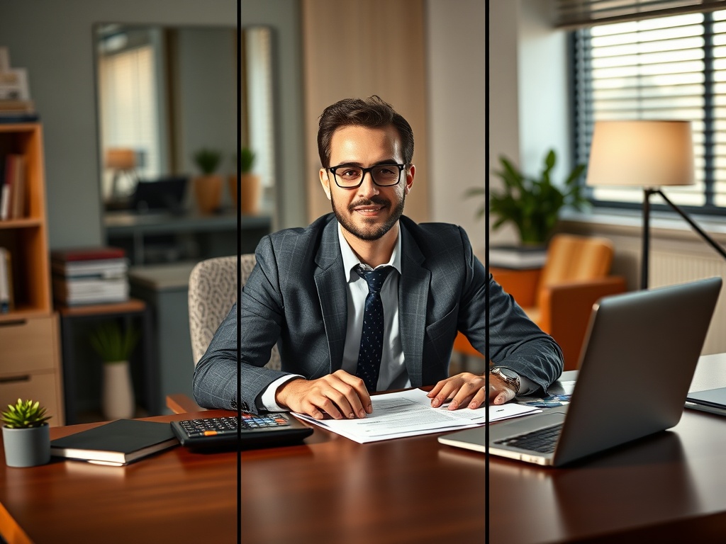 "three stacked panels" "professional entrepreneur at desk" "financial documents, calculator, laptop" "subtle Dutch flags color accents" "warm office lighting, focused, confident atmosphere"