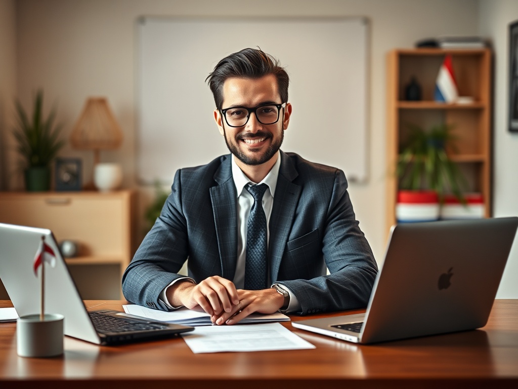 "three stacked panels" "professional entrepreneur at desk" "financial documents, calculator, laptop" "subtle Dutch flags color accents" "warm office lighting, focused, confident atmosphere"