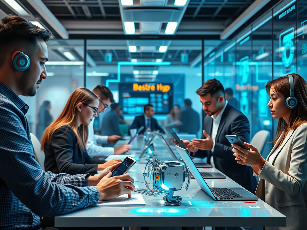 Een futuristisch kantoor met diverse professionals en AI-technologie.