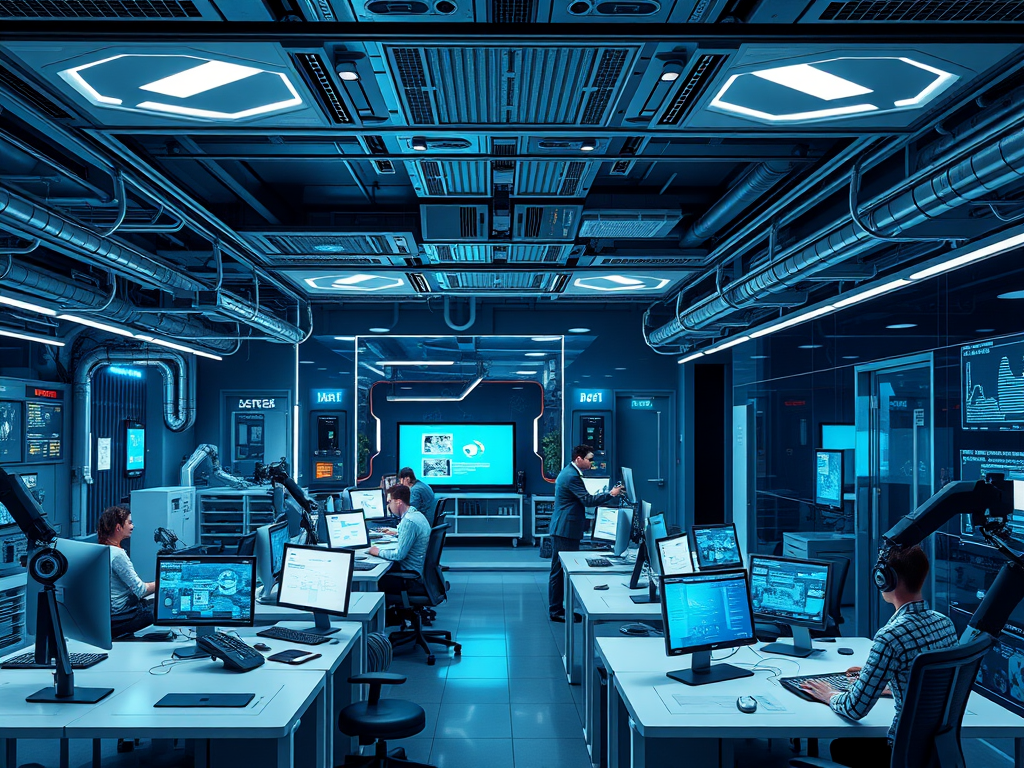 Een futuristisch kantoor met geavanceerde technologie en samenwerking.