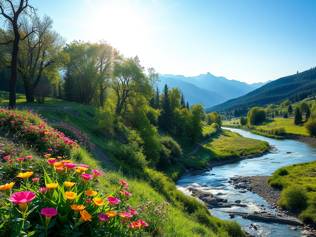 Groene landschap met bloemen, een rivier en bergen.