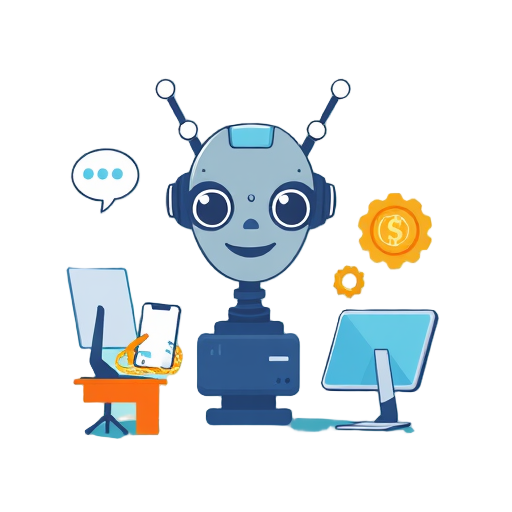Een robot met computers en financiële iconen.