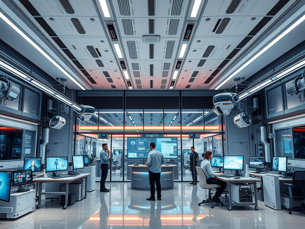 Futuristisch kantoor met geavanceerde technologie en samenwerking.
