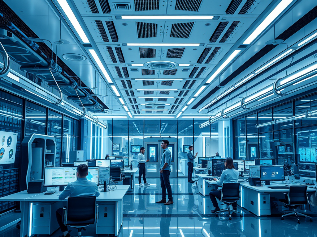 Een futuristisch kantoor met geavanceerde technologie en samenwerking.