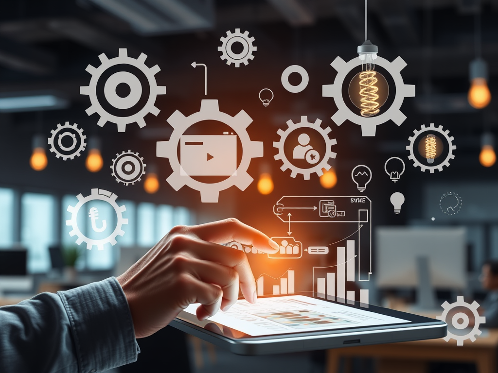 Persoon analyseert workflows op een tablet, omringd door tandwielen.