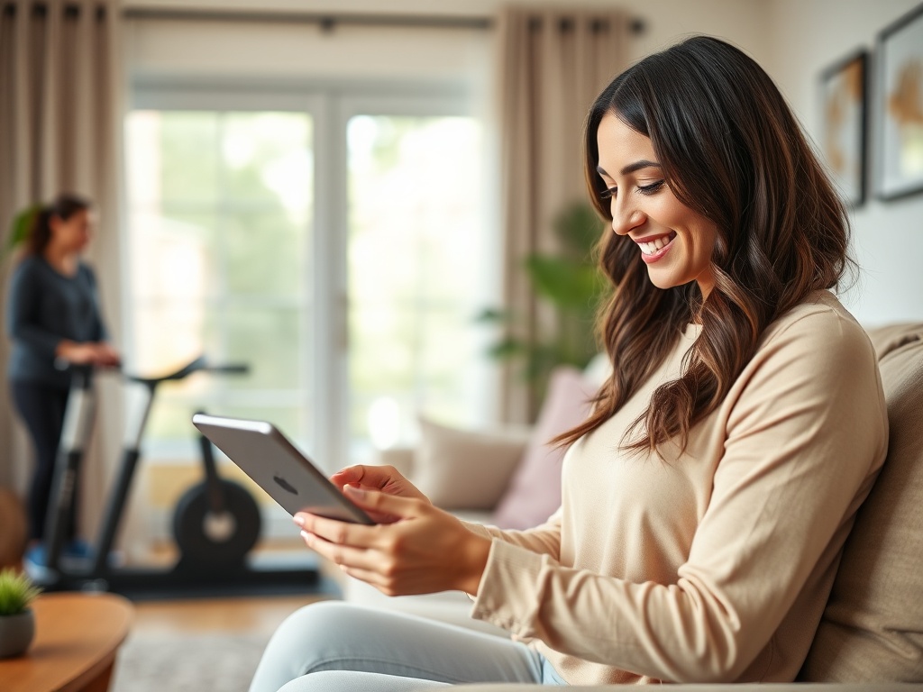 "A warm, modern living room scene with a smiling woman using a sleek Health Watchers app on a tablet, soft natural light, cozy fitness equipment, and a coach's supportive presence in the background."
