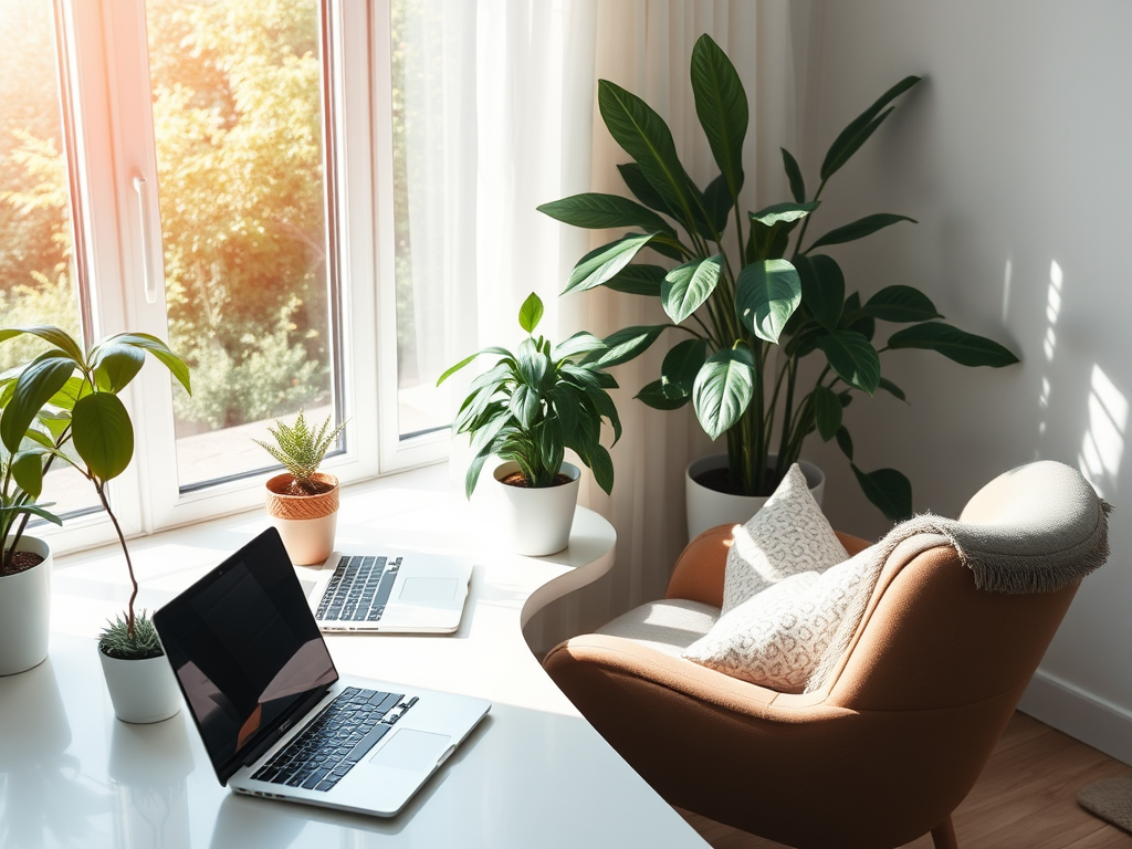 Rustige werkplek met laptop, planten en een comfortabele stoel.