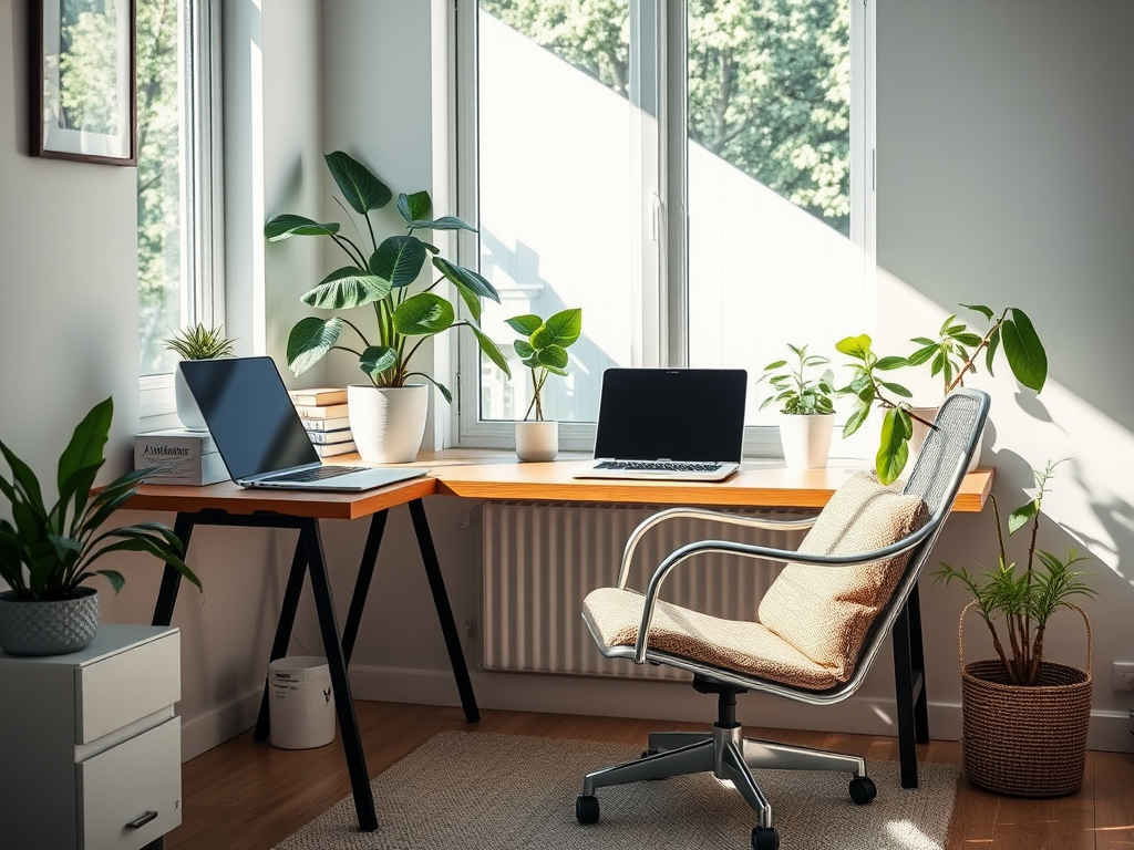 Een serene werkplek met laptops, planten en een comfortabele stoel.