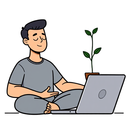 Persoon die mediteert met een laptop en plant.