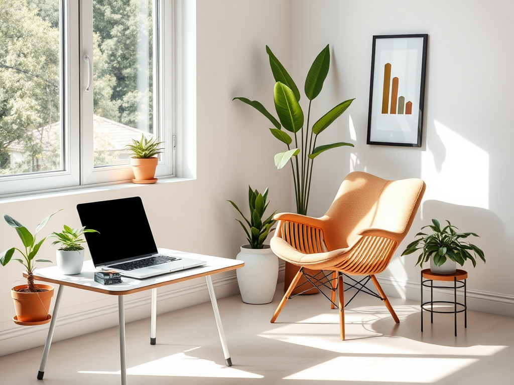 Een serene werkruimte met laptop, planten en een comfortabele stoel.