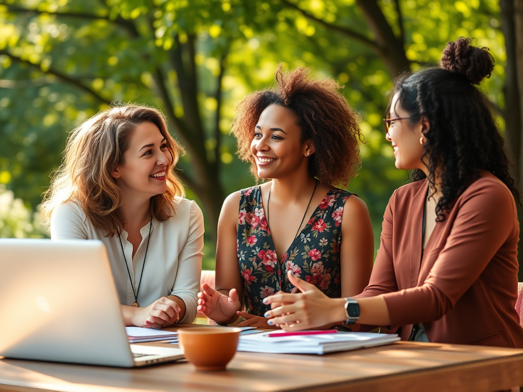"three vibrant women entrepreneurs" "engaged in lively discussion" "diverse workspace" "calm nature background" "symbols of growth, energy, connection" "warm sunlight filtering through trees"