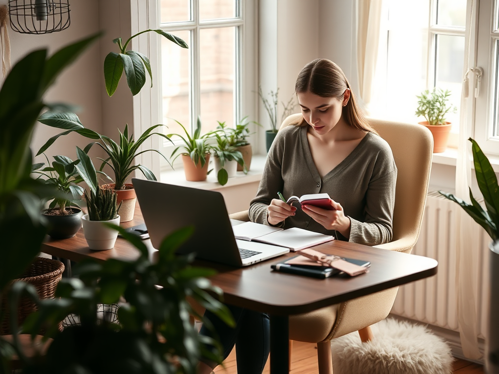 A serene workspace with a laptop, plants, cozy chair, soft natural light streaming through a window, and a calm woman thoughtfully journaling.