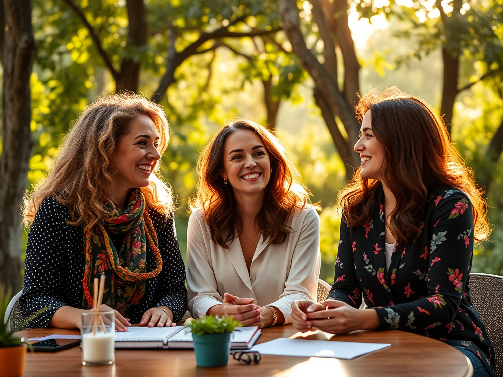 "three vibrant women entrepreneurs" "engaged in lively discussion" "diverse workspace" "calm nature background" "symbols of growth, energy, connection" "warm sunlight filtering through trees"