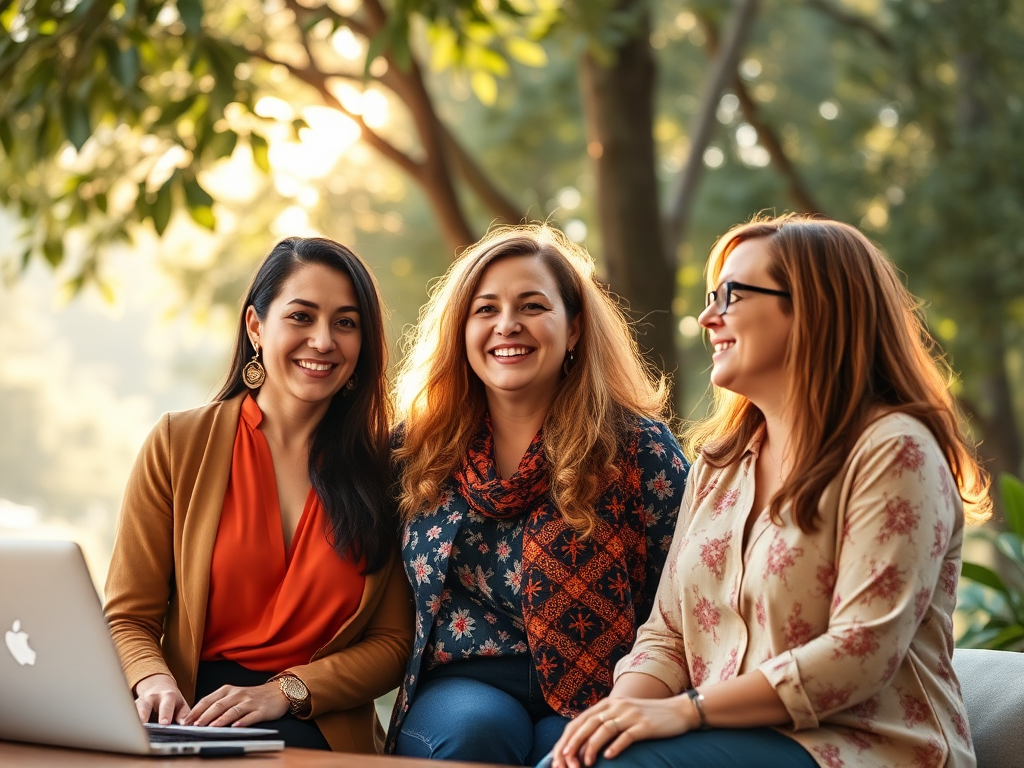 "three vibrant women entrepreneurs" "engaged in lively discussion" "diverse workspace" "calm nature background" "symbols of growth, energy, connection" "warm sunlight filtering through trees"