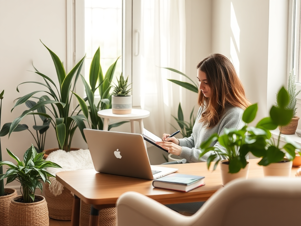 A serene workspace with a laptop, plants, cozy chair, soft natural light streaming through a window, and a calm woman thoughtfully journaling.