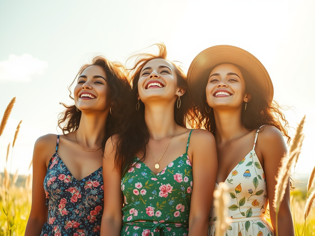 A serene summer scene with three diverse joyful women, glowing softly under warm sunlight, surrounded by nature, symbolizing freedom, balance, and empowerment.
