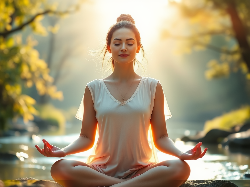"a radiant young woman" "glowing with confidence" "sunlit serene nature background" "soft warm colors" "symbols of growth like blooming flowers" "balanced posture meditating" "gentle flowing water nearby"