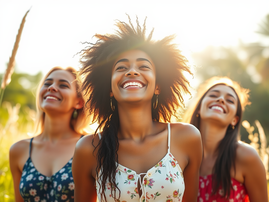 A serene summer scene with three diverse joyful women, glowing softly under warm sunlight, surrounded by nature, symbolizing freedom, balance, and empowerment.