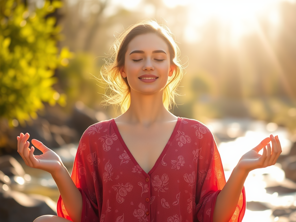 "a radiant young woman" "glowing with confidence" "sunlit serene nature background" "soft warm colors" "symbols of growth like blooming flowers" "balanced posture meditating" "gentle flowing water nearby"