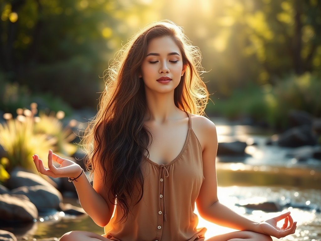 "a radiant young woman" "glowing with confidence" "sunlit serene nature background" "soft warm colors" "symbols of growth like blooming flowers" "balanced posture meditating" "gentle flowing water nearby"