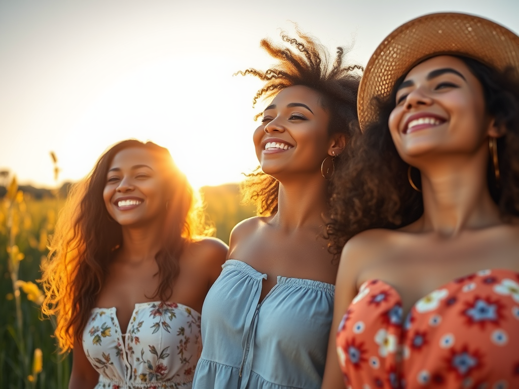 A serene summer scene with three diverse joyful women, glowing softly under warm sunlight, surrounded by nature, symbolizing freedom, balance, and empowerment.