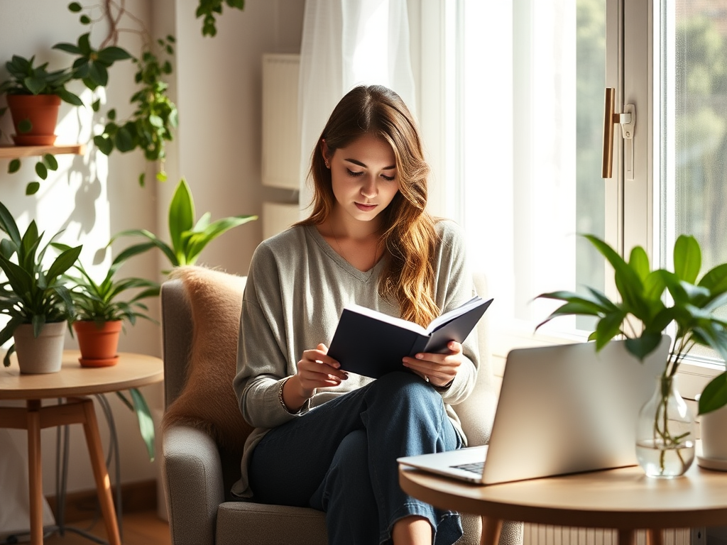 A serene workspace with a laptop, plants, cozy chair, soft natural light streaming through a window, and a calm woman thoughtfully journaling.
