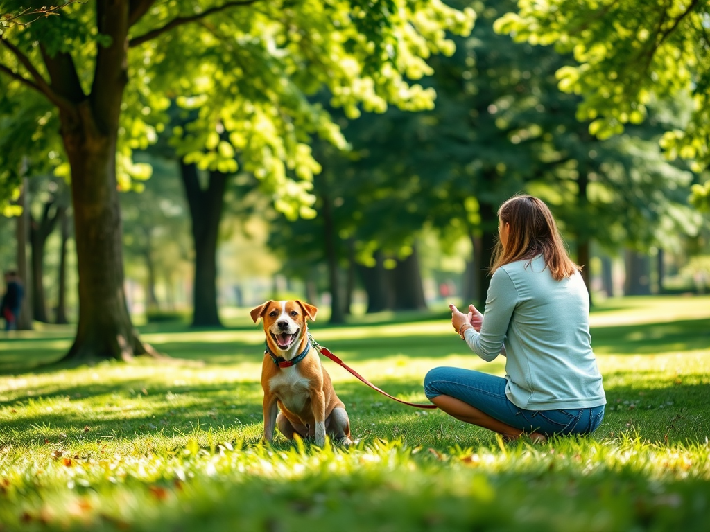 Een blije hond met zijn eigenaar in een park.