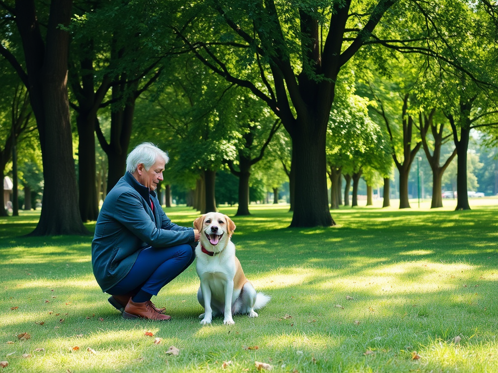 Een blije hond en eigenaar in een park.