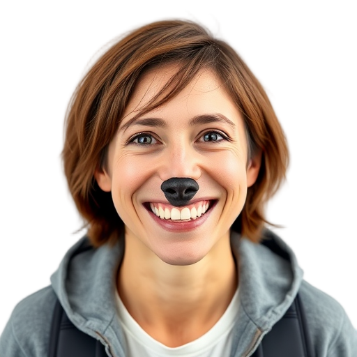 Een glimlachend persoon met een neus als een hond.