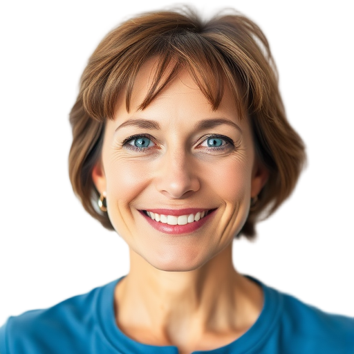 Een vrouw glimlachend naar de camera met een witte achtergrond.