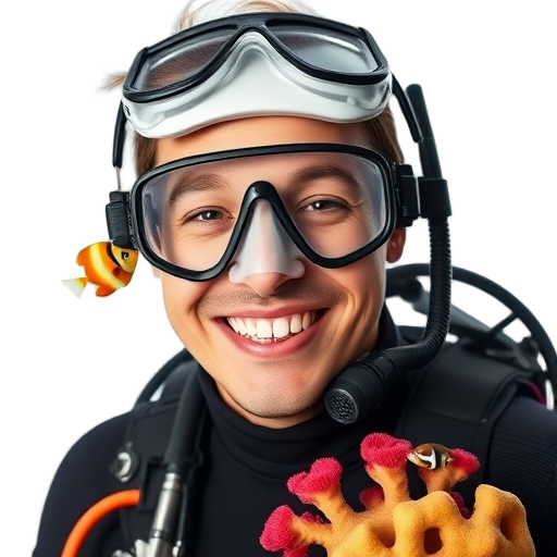 Een lachende persoon in duikuitrusting met koraal.