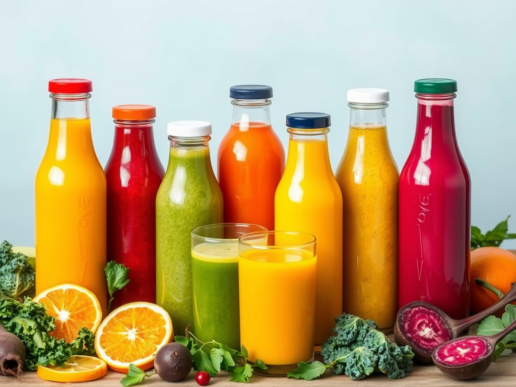 Kleurige sappen in glazen flessen met vers fruit.