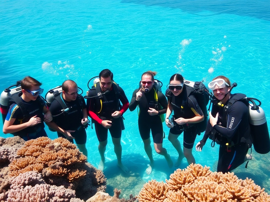 A vibrant tropical reef scene with a young, diverse group of scuba students in wetsuits receiving instruction from a confident instructor, coral, bubbles, and clear turquoise water.