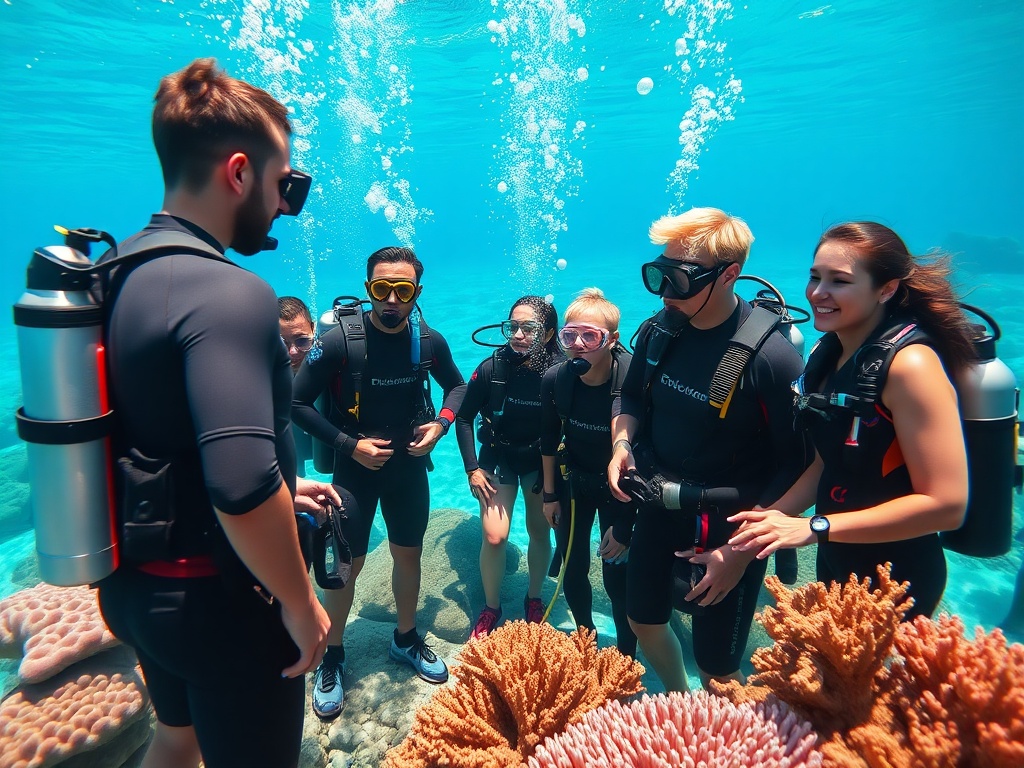 A vibrant tropical reef scene with a young, diverse group of scuba students in wetsuits receiving instruction from a confident instructor, coral, bubbles, and clear turquoise water.