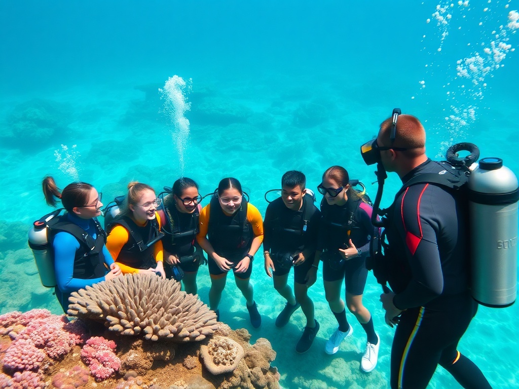 A vibrant tropical reef scene with a young, diverse group of scuba students in wetsuits receiving instruction from a confident instructor, coral, bubbles, and clear turquoise water.