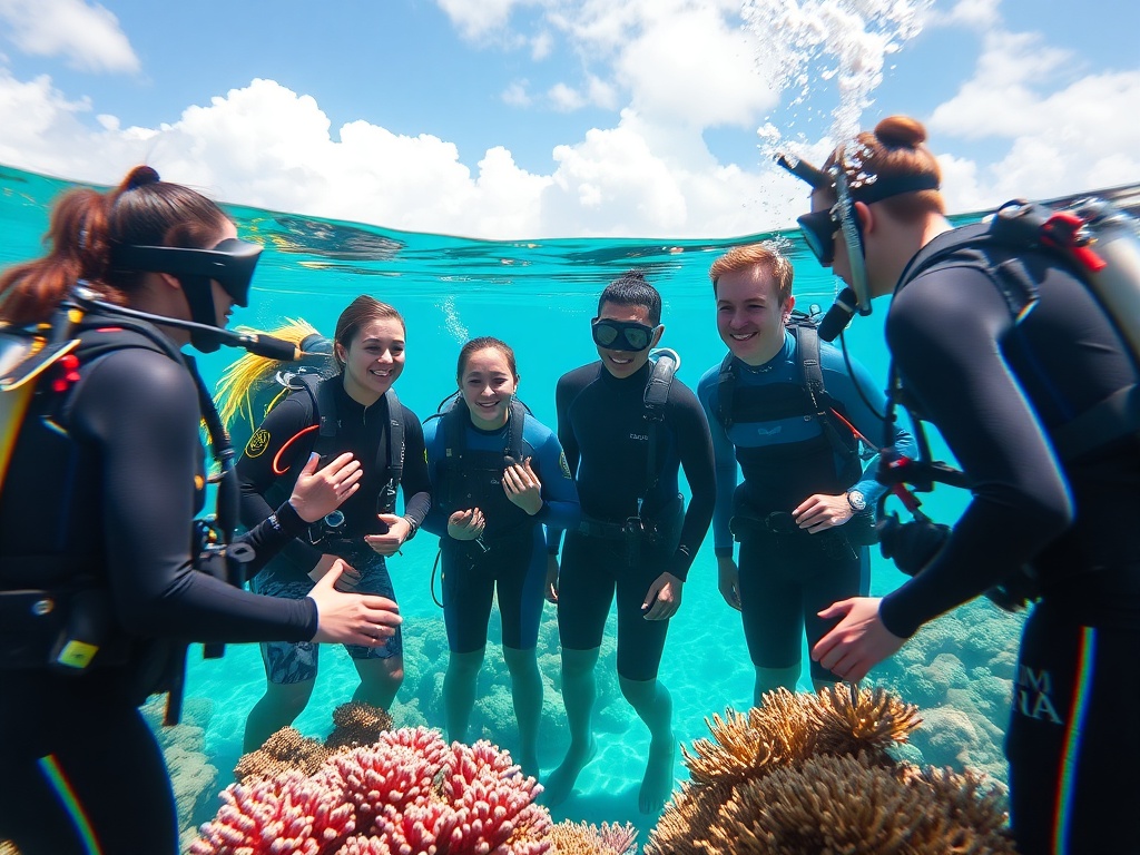 A vibrant tropical reef scene with a young, diverse group of scuba students in wetsuits receiving instruction from a confident instructor, coral, bubbles, and clear turquoise water.