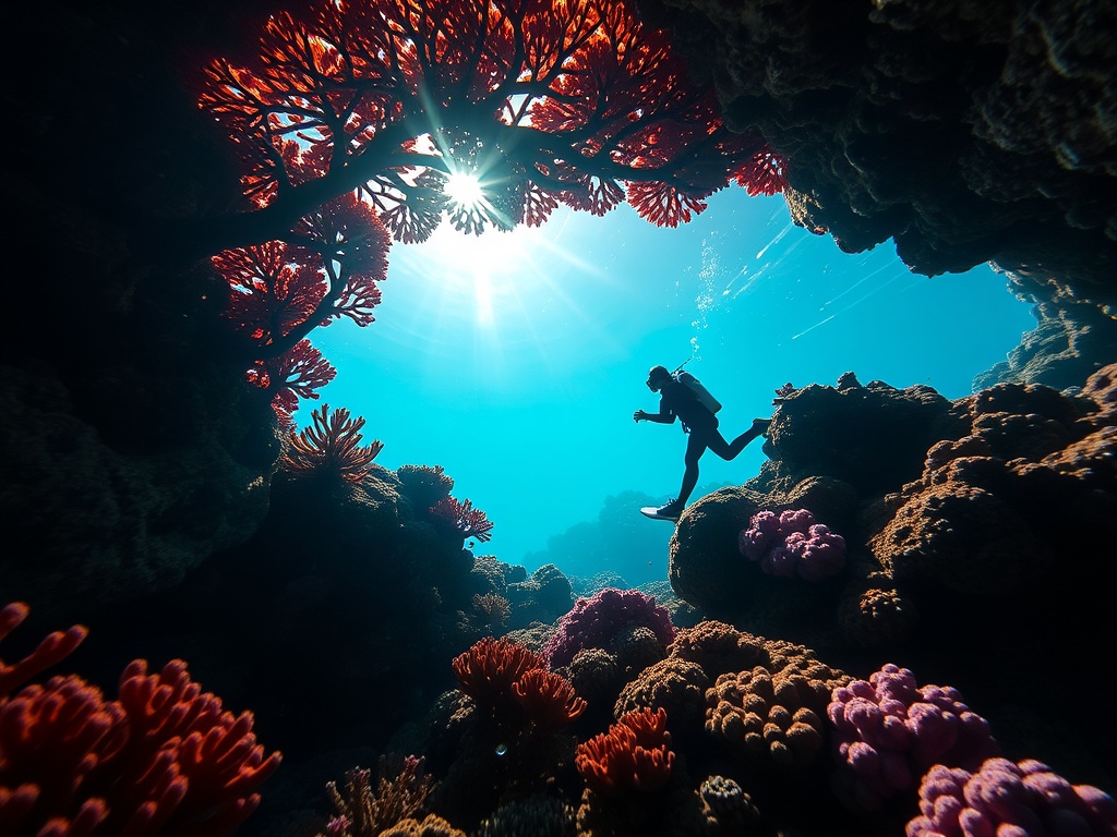 A vibrant tropical reef scene with a silhouette of a young diver practicing ascent beside a bright coral arch, sunlight filtering through clear water. "