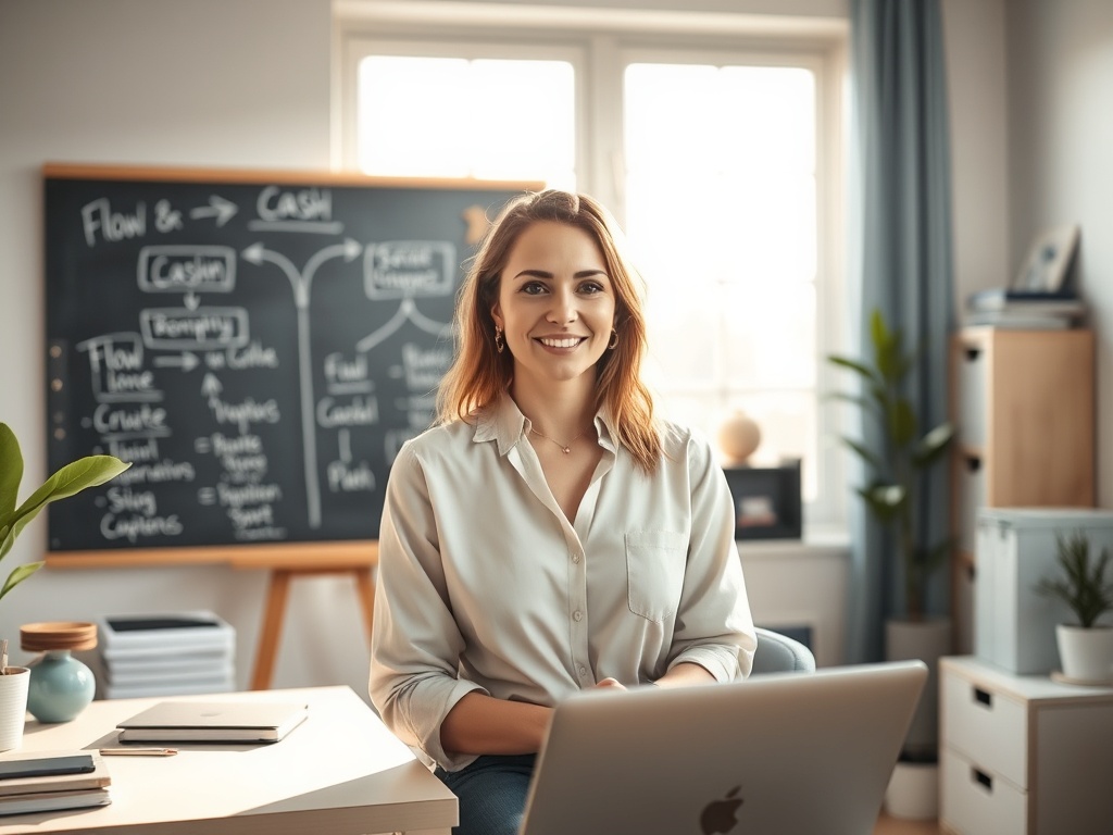 "Inspiring, confident female entrepreneur in a bright, organized home office, soft sunlight, chalkboard with flow & cash diagram, calm energy aura, minimalist decor, soft blue and gold tones."