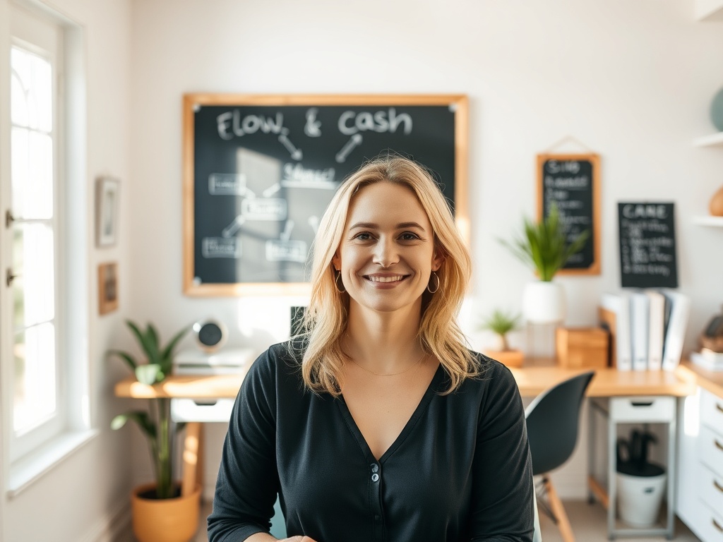 "Inspiring, confident female entrepreneur in a bright, organized home office, soft sunlight, chalkboard with flow & cash diagram, calm energy aura, minimalist decor, soft blue and gold tones."